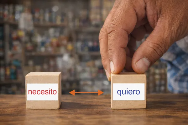 Imagen que compara 'necesito' y 'quiero' para diferenciar necesidades y deseos.